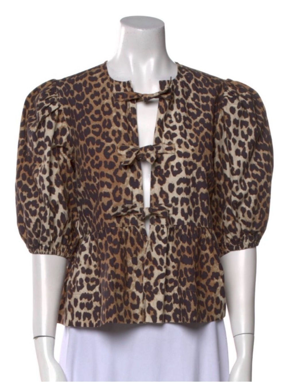 Ganni Leopard Print Tie-Front Puff Sleeve Top - Brown
